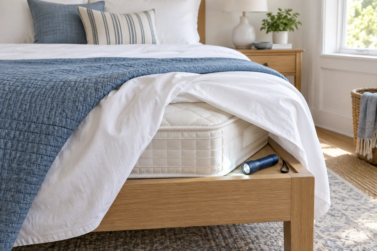 Illustrative mattress seam exposed beneath white bedding and a blue quilt for inspection