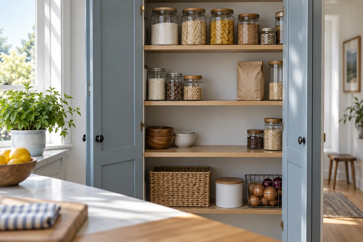Illustrative open pantry with dry-food jars and accessible wooden shelving